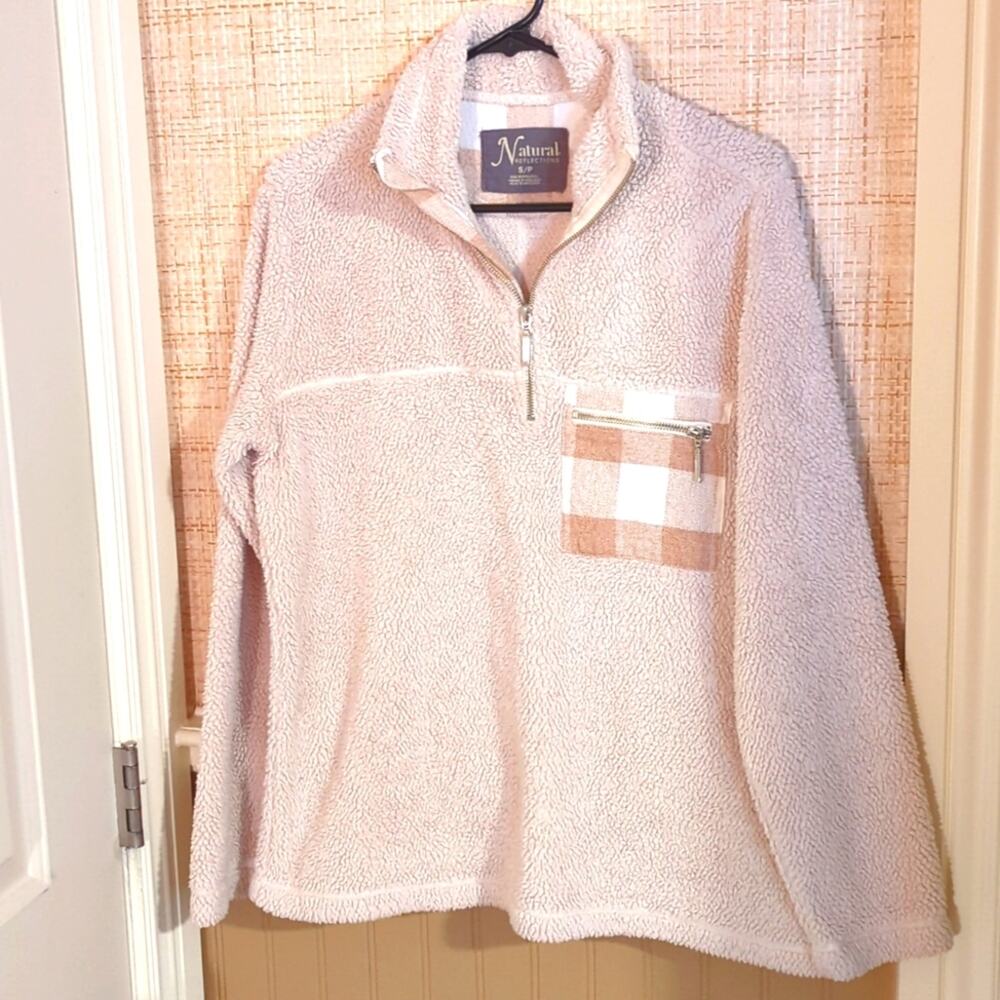 Natural Reflections Oatmeal Sherpa Plaid Trim Quarter Zip Pullover Women Sz S/P
